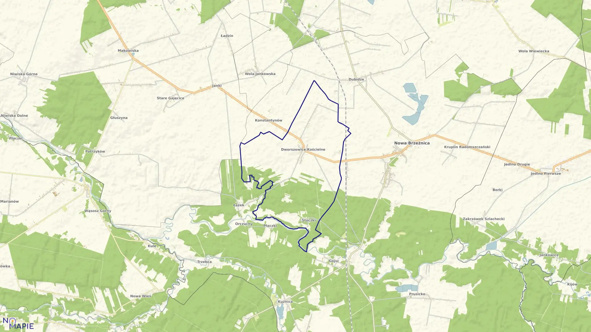 Mapa obrębu DWORSZOWICE KOŚCIELNE w gminie Nowa Brzeźnica